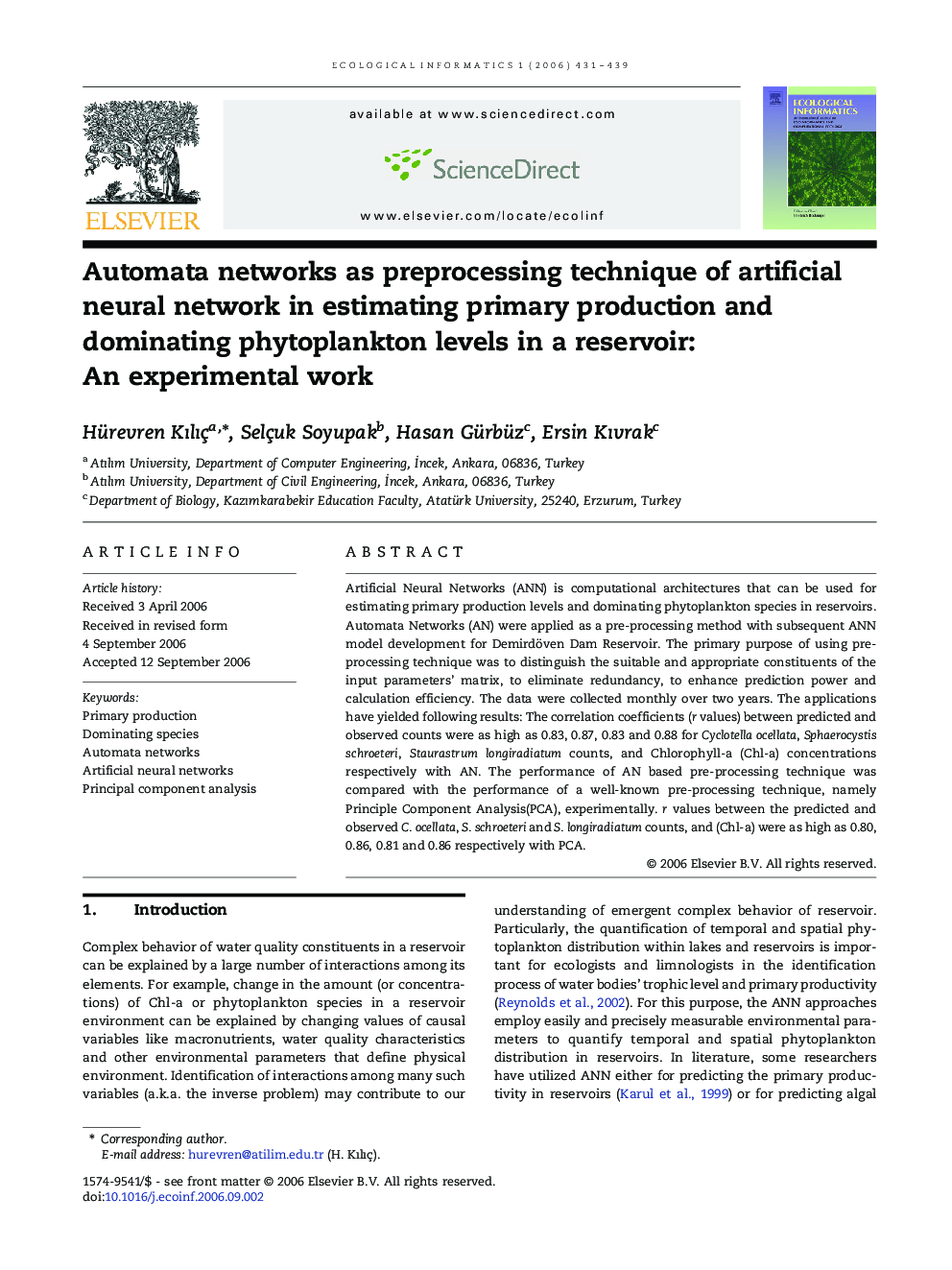 Automata networks as preprocessing technique of artificial neural network in estimating primary production and dominating phytoplankton levels in a reservoir: An experimental work