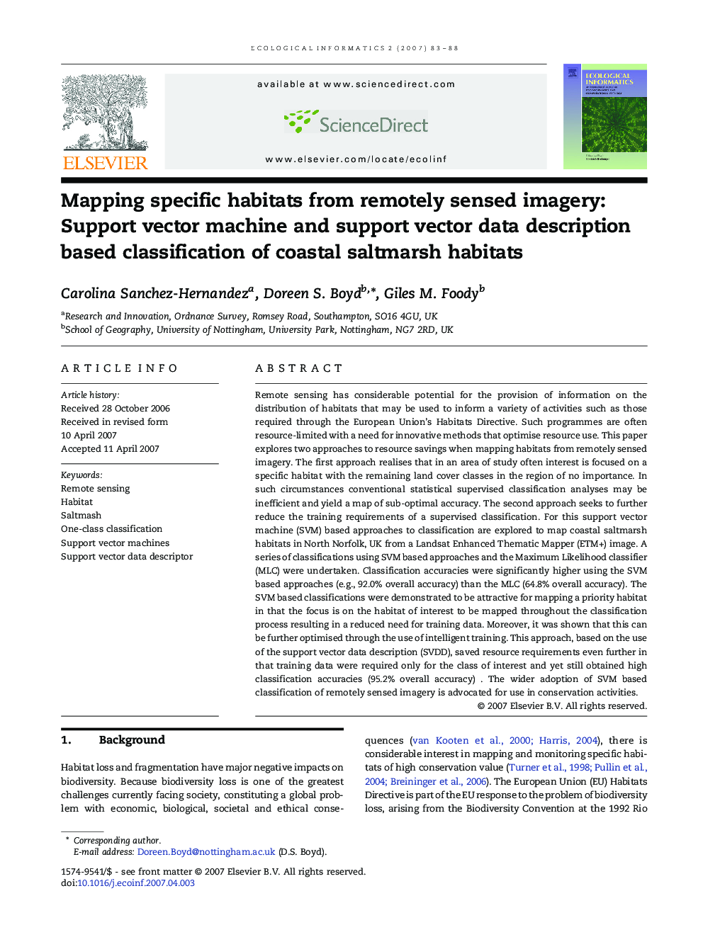 Mapping specific habitats from remotely sensed imagery: Support vector machine and support vector data description based classification of coastal saltmarsh habitats