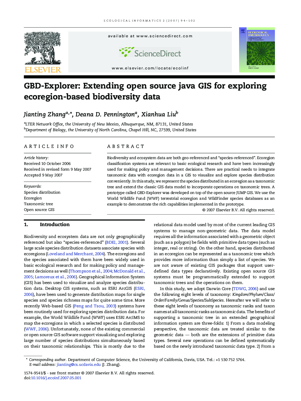 GBD-Explorer: Extending open source java GIS for exploring ecoregion-based biodiversity data