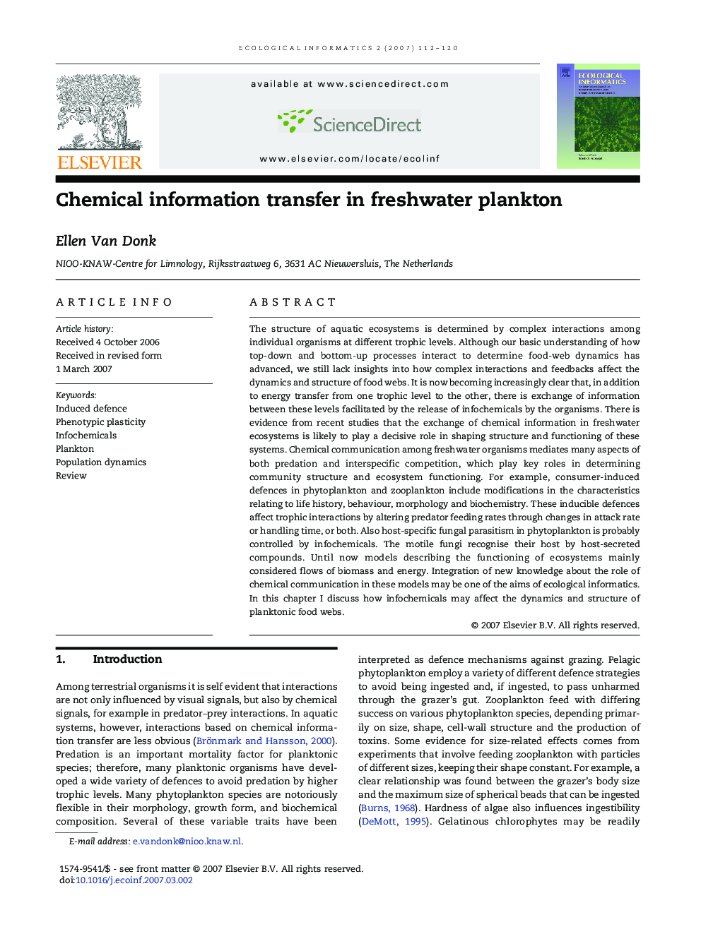 Chemical information transfer in freshwater plankton