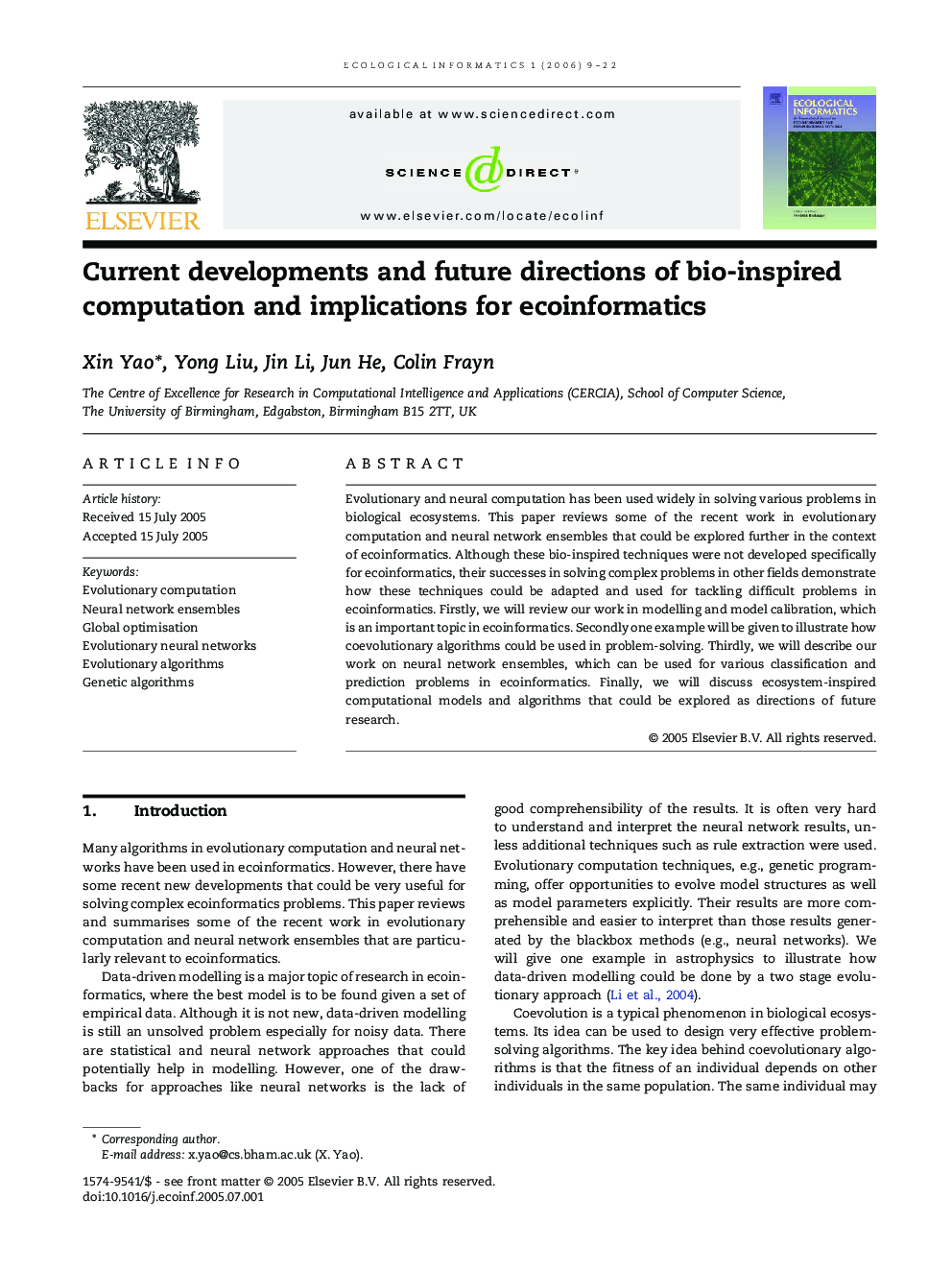 Current developments and future directions of bio-inspired computation and implications for ecoinformatics