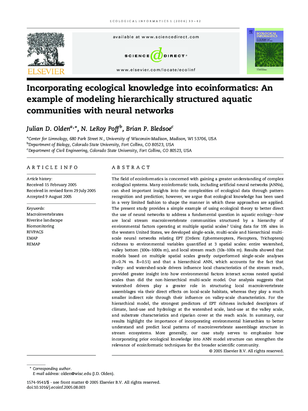 Incorporating ecological knowledge into ecoinformatics: An example of modeling hierarchically structured aquatic communities with neural networks