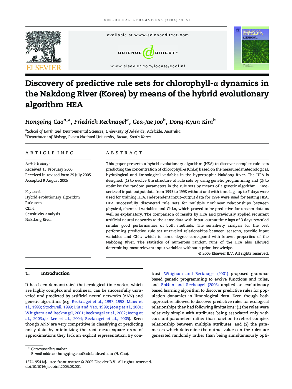 Discovery of predictive rule sets for chlorophyll-a dynamics in the Nakdong River (Korea) by means of the hybrid evolutionary algorithm HEA