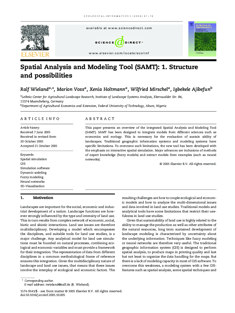 Spatial Analysis and Modeling Tool (SAMT): 1. Structure and possibilities