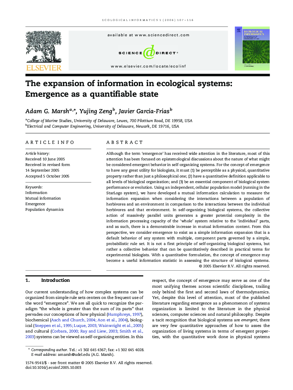 The expansion of information in ecological systems: Emergence as a quantifiable state