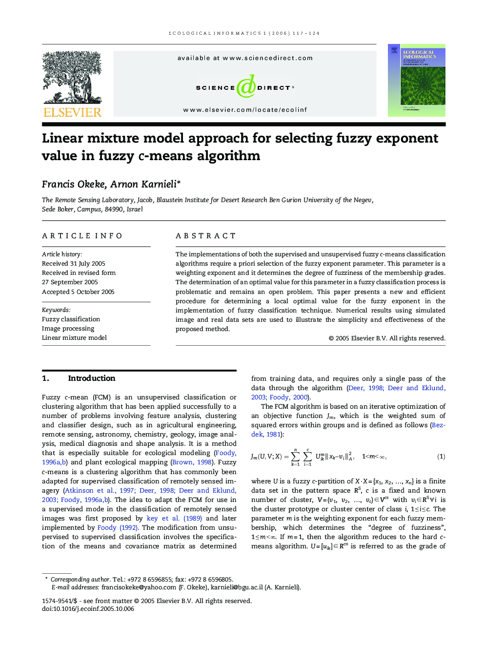 Linear mixture model approach for selecting fuzzy exponent value in fuzzy c-means algorithm