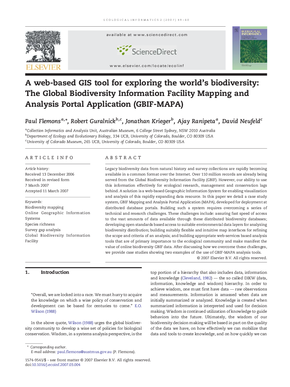 A web-based GIS tool for exploring the world's biodiversity: The Global Biodiversity Information Facility Mapping and Analysis Portal Application (GBIF-MAPA)