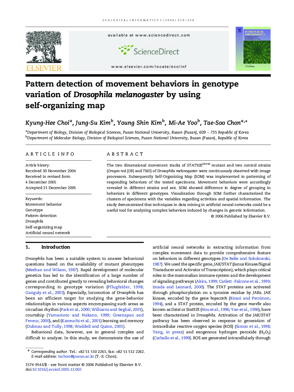 Pattern detection of movement behaviors in genotype variation of Drosophila melanogaster by using self-organizing map