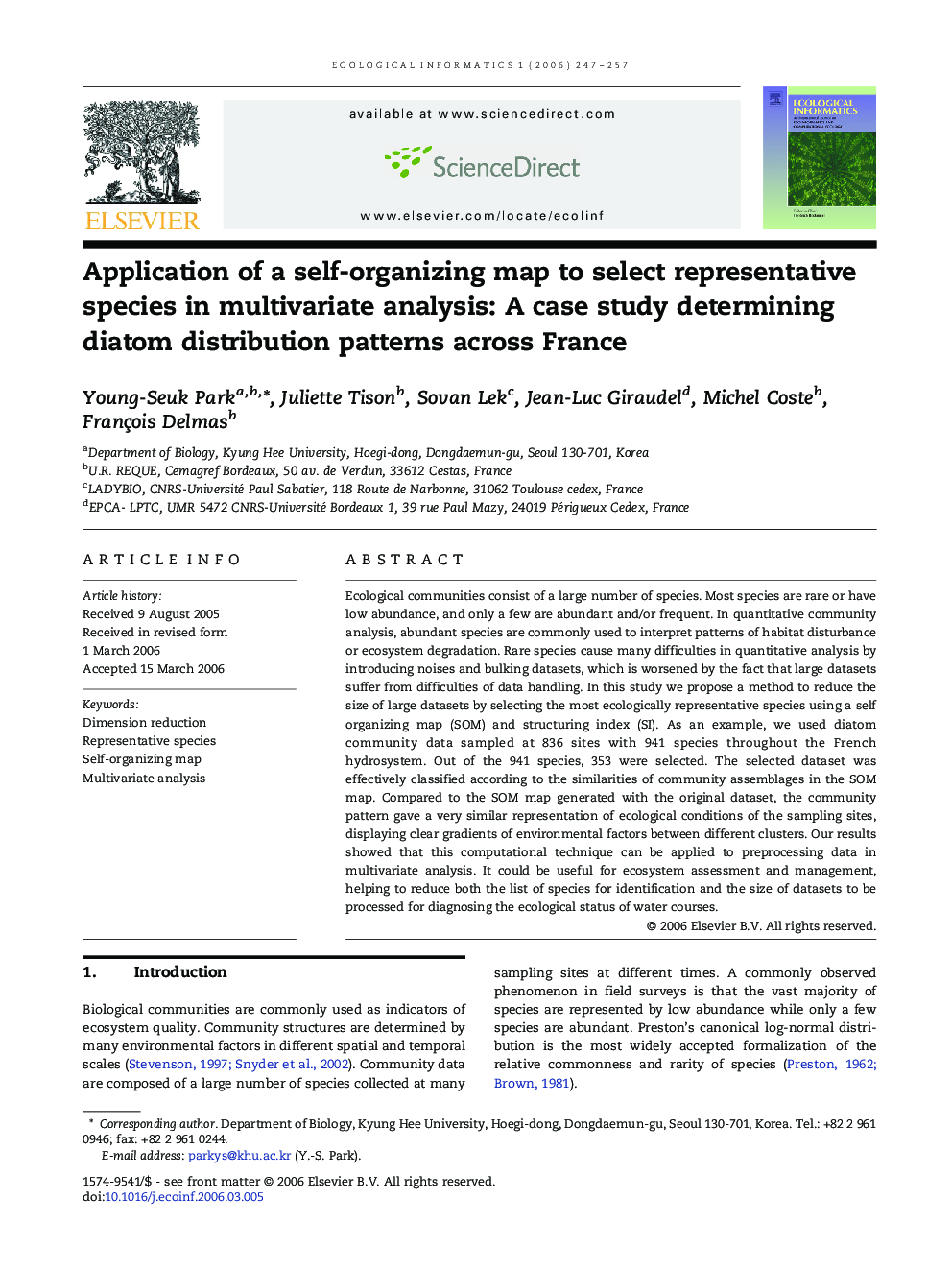 Application of a self-organizing map to select representative species in multivariate analysis: A case study determining diatom distribution patterns across France