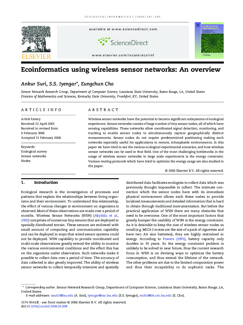 Ecoinformatics using wireless sensor networks: An overview