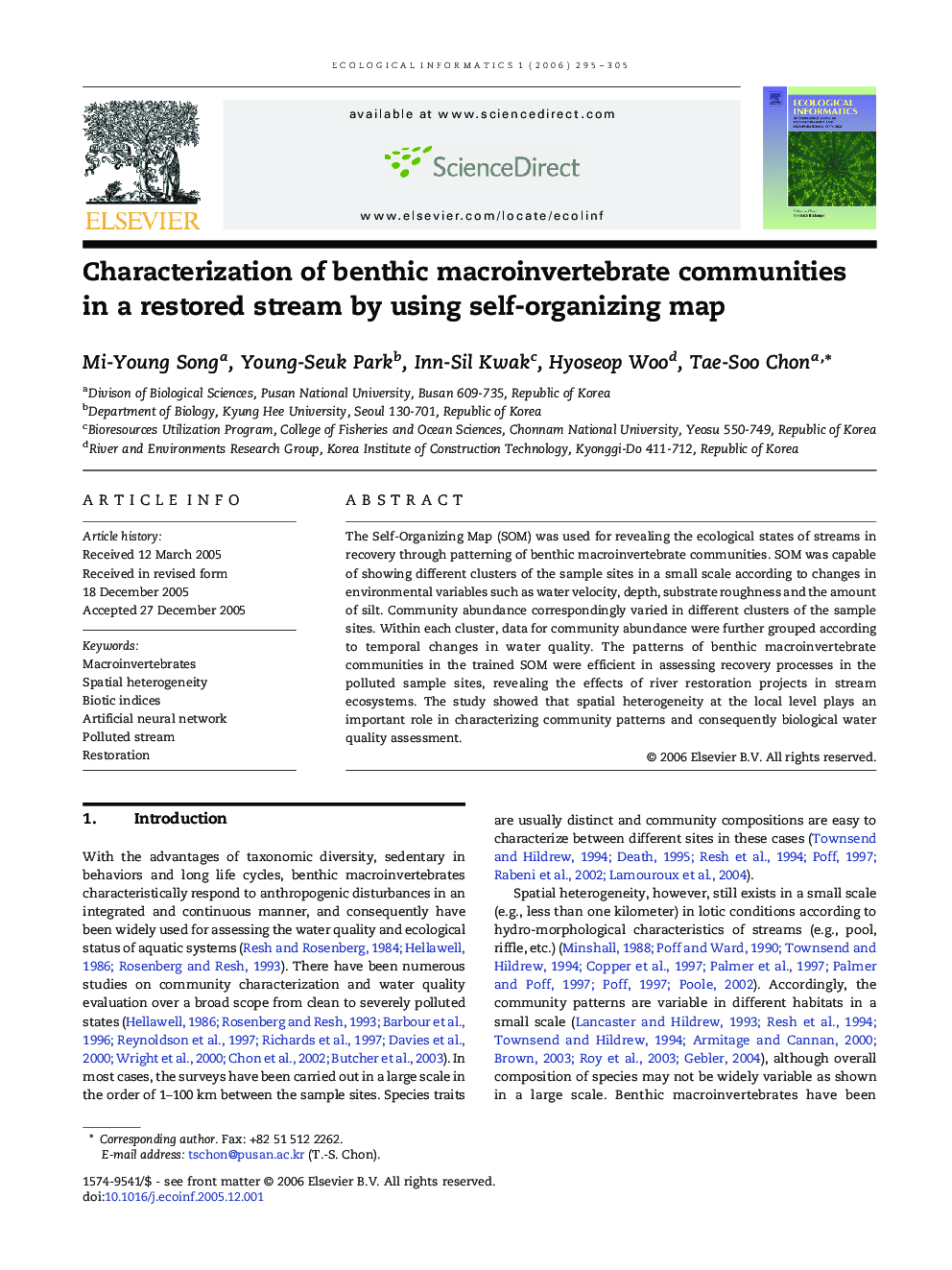 Characterization of benthic macroinvertebrate communities in a restored stream by using self-organizing map