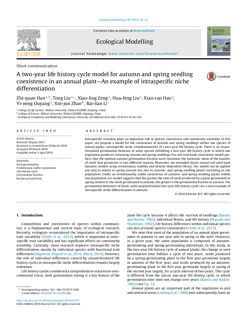 A two-year life history cycle model for autumn and spring seedling coexistence in an annual plant—An example of intraspecific niche differentiation