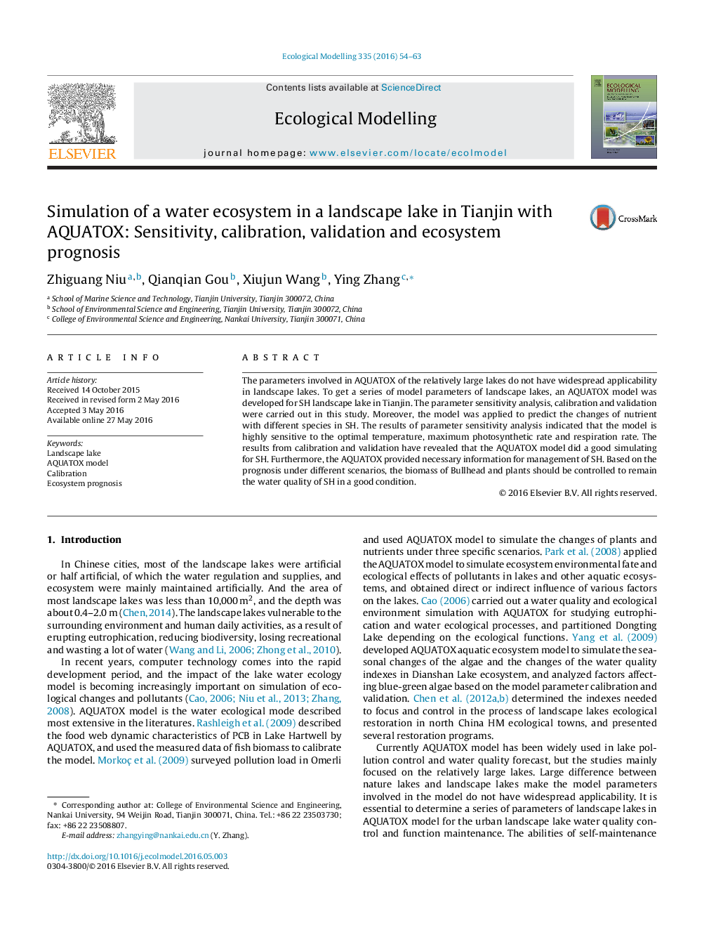 Simulation of a water ecosystem in a landscape lake in Tianjin with AQUATOX: Sensitivity, calibration, validation and ecosystem prognosis