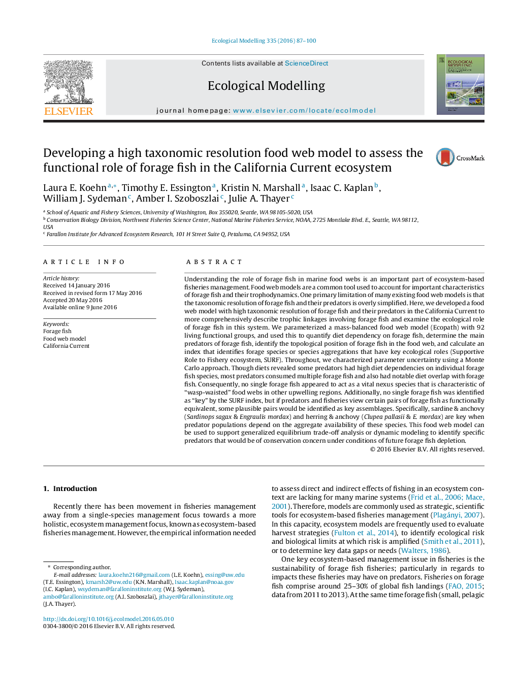 Developing a high taxonomic resolution food web model to assess the functional role of forage fish in the California Current ecosystem