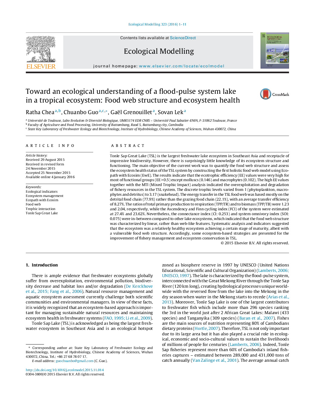 Toward an ecological understanding of a flood-pulse system lake in a tropical ecosystem: Food web structure and ecosystem health