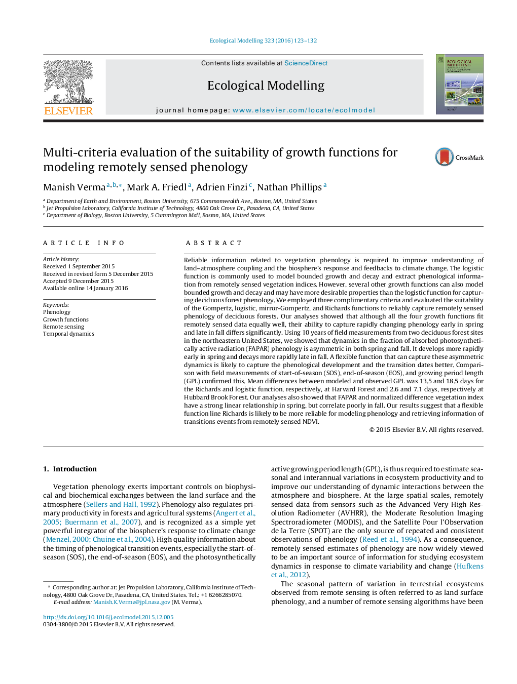 Multi-criteria evaluation of the suitability of growth functions for modeling remotely sensed phenology