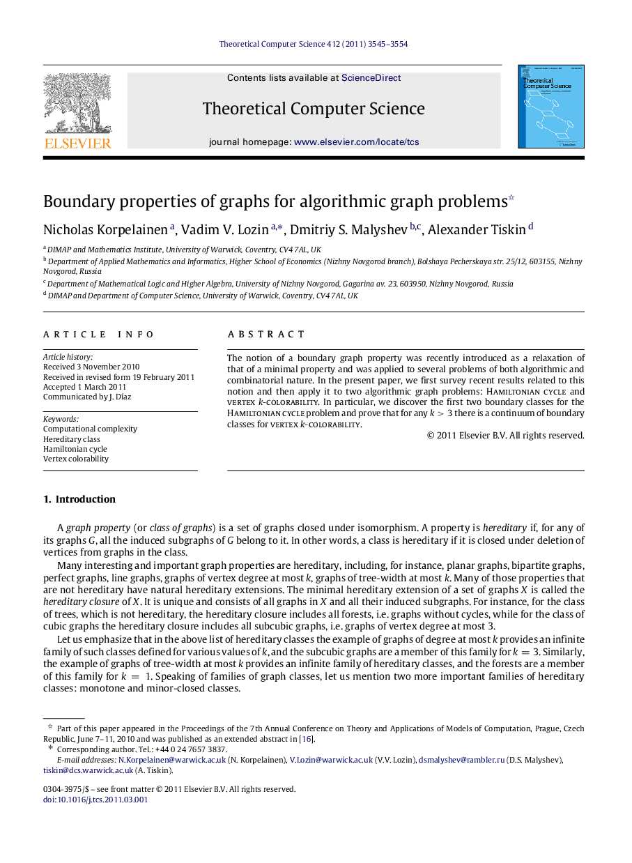 Boundary properties of graphs for algorithmic graph problems 