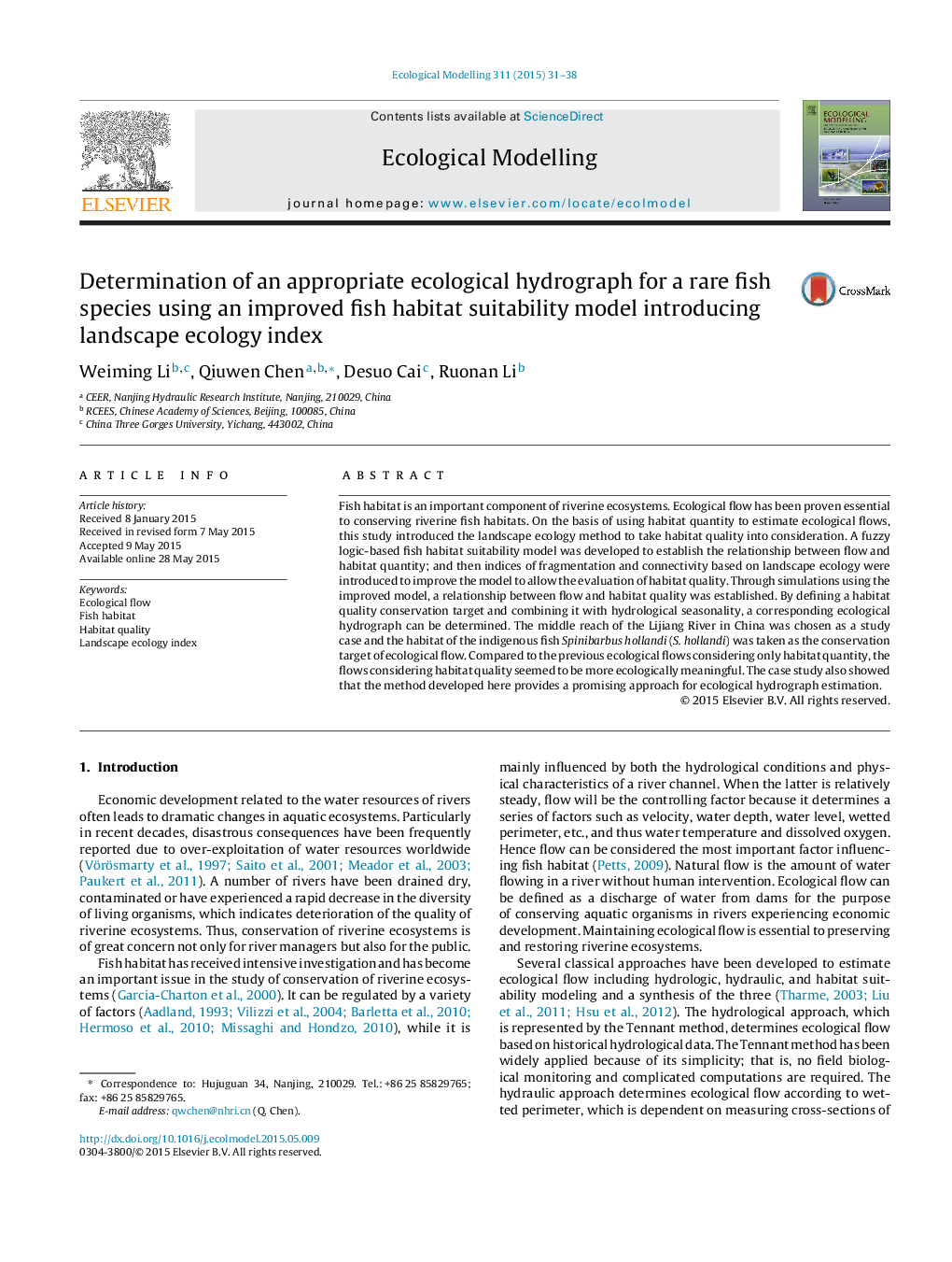 Determination of an appropriate ecological hydrograph for a rare fish species using an improved fish habitat suitability model introducing landscape ecology index