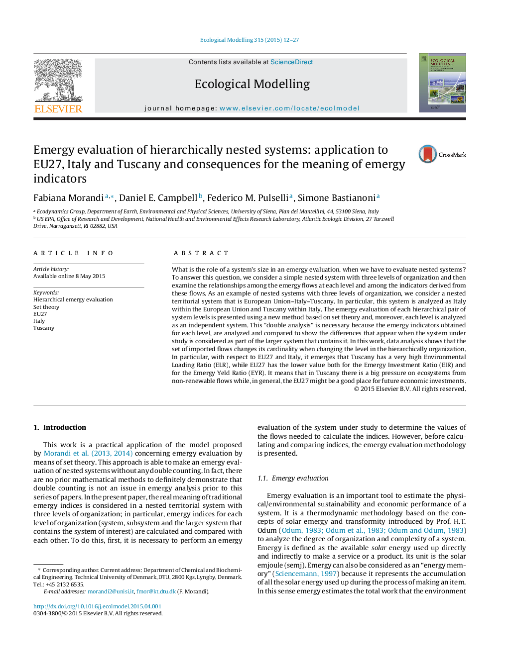 Emergy evaluation of hierarchically nested systems: application to EU27, Italy and Tuscany and consequences for the meaning of emergy indicators