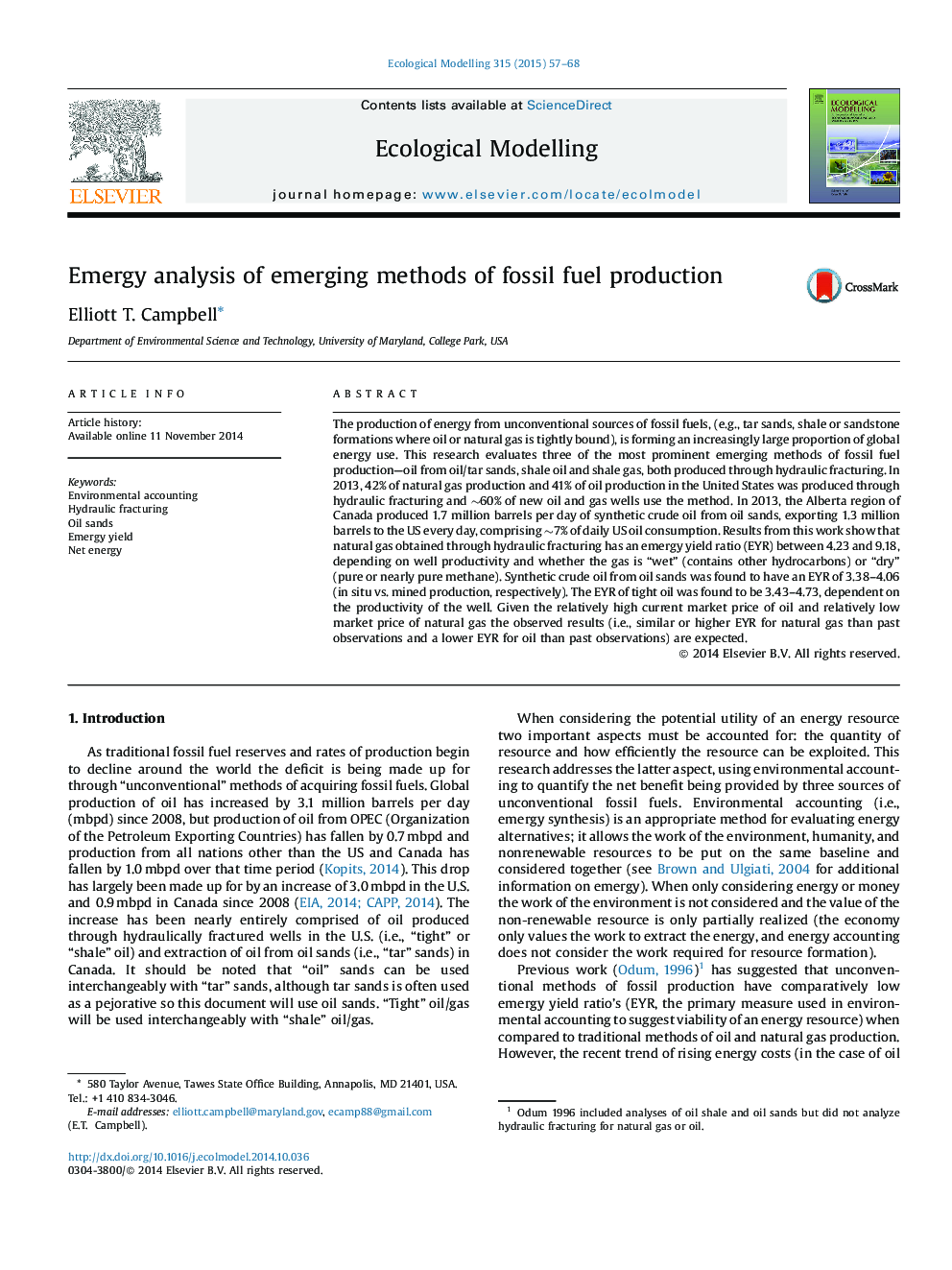 Emergy analysis of emerging methods of fossil fuel production