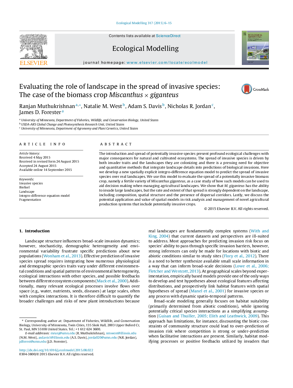 Evaluating the role of landscape in the spread of invasive species: The case of the biomass crop Miscanthus × giganteus