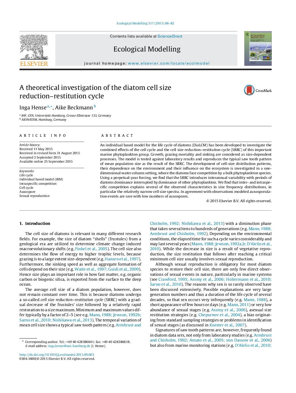 A theoretical investigation of the diatom cell size reduction–restitution cycle