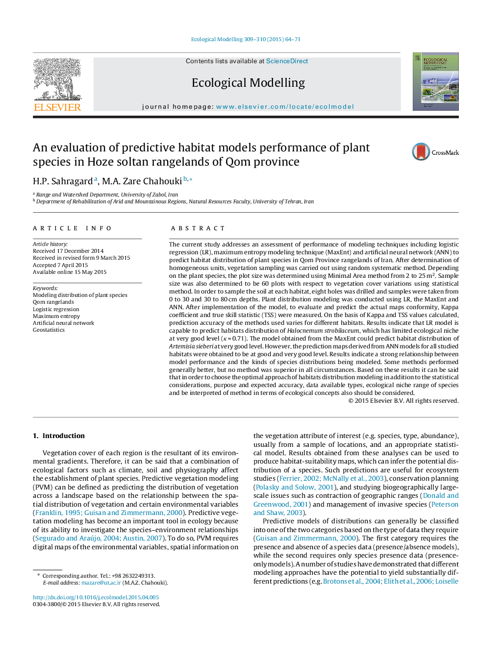 An evaluation of predictive habitat models performance of plant species in Hoze soltan rangelands of Qom province