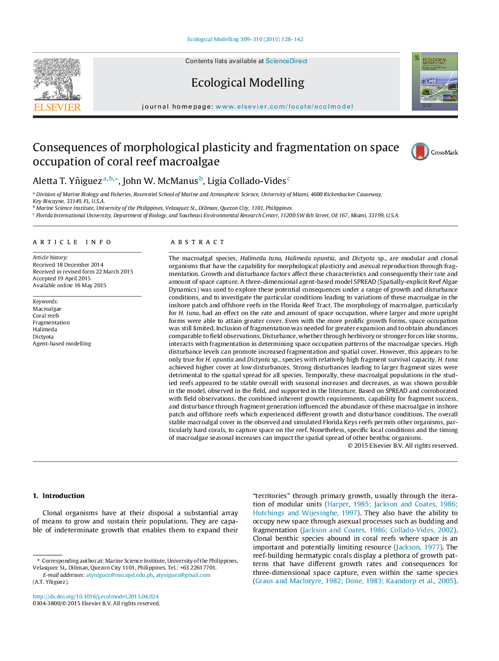 Consequences of morphological plasticity and fragmentation on space occupation of coral reef macroalgae