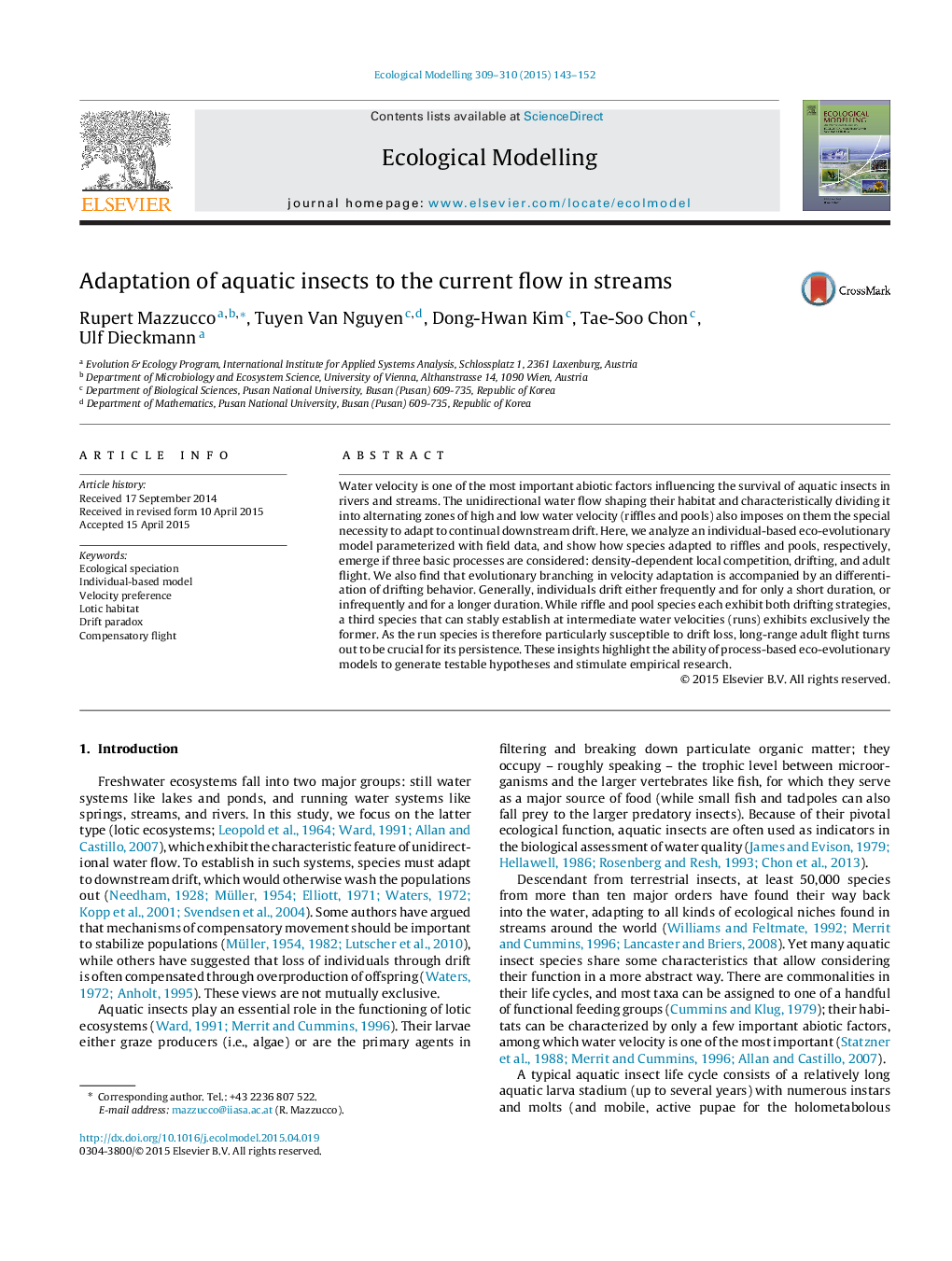 Adaptation of aquatic insects to the current flow in streams