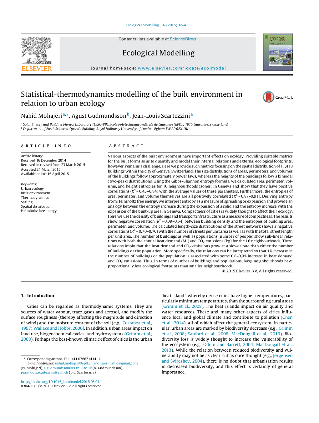 Statistical-thermodynamics modelling of the built environment in relation to urban ecology