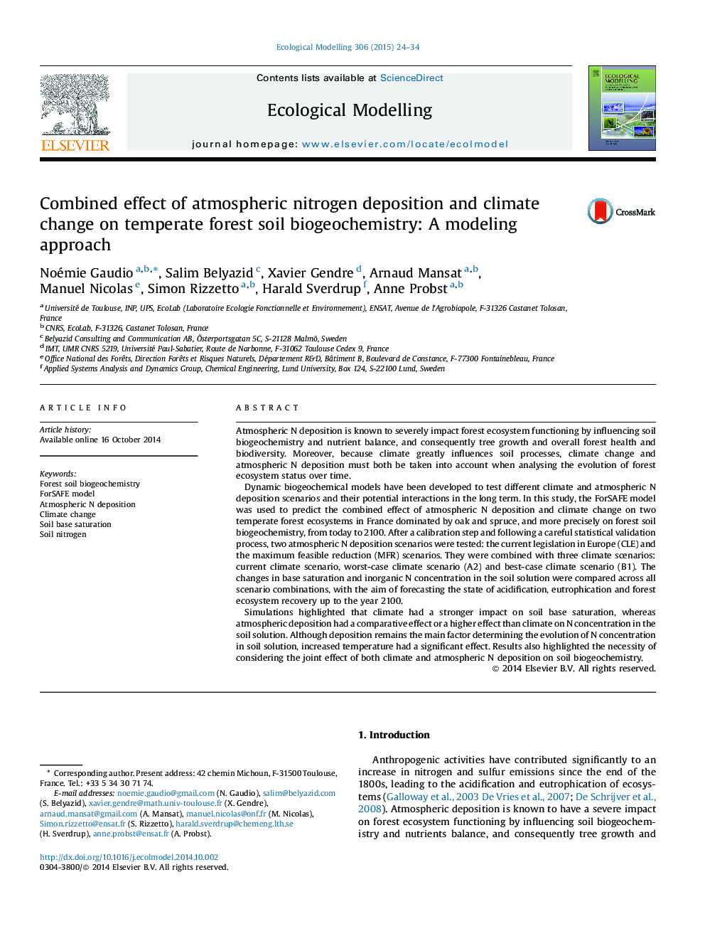 Combined effect of atmospheric nitrogen deposition and climate change on temperate forest soil biogeochemistry: A modeling approach