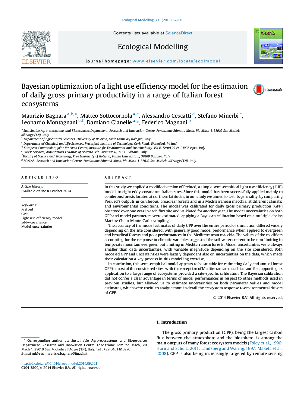 بهینه سازی بیزی برای یک مدل بازده استفاده از نور برای تخمینی بهره وری ناخالص اولیه روزانه در طیف وسیعی از اکوسیستم های جنگل ایتالیایی 