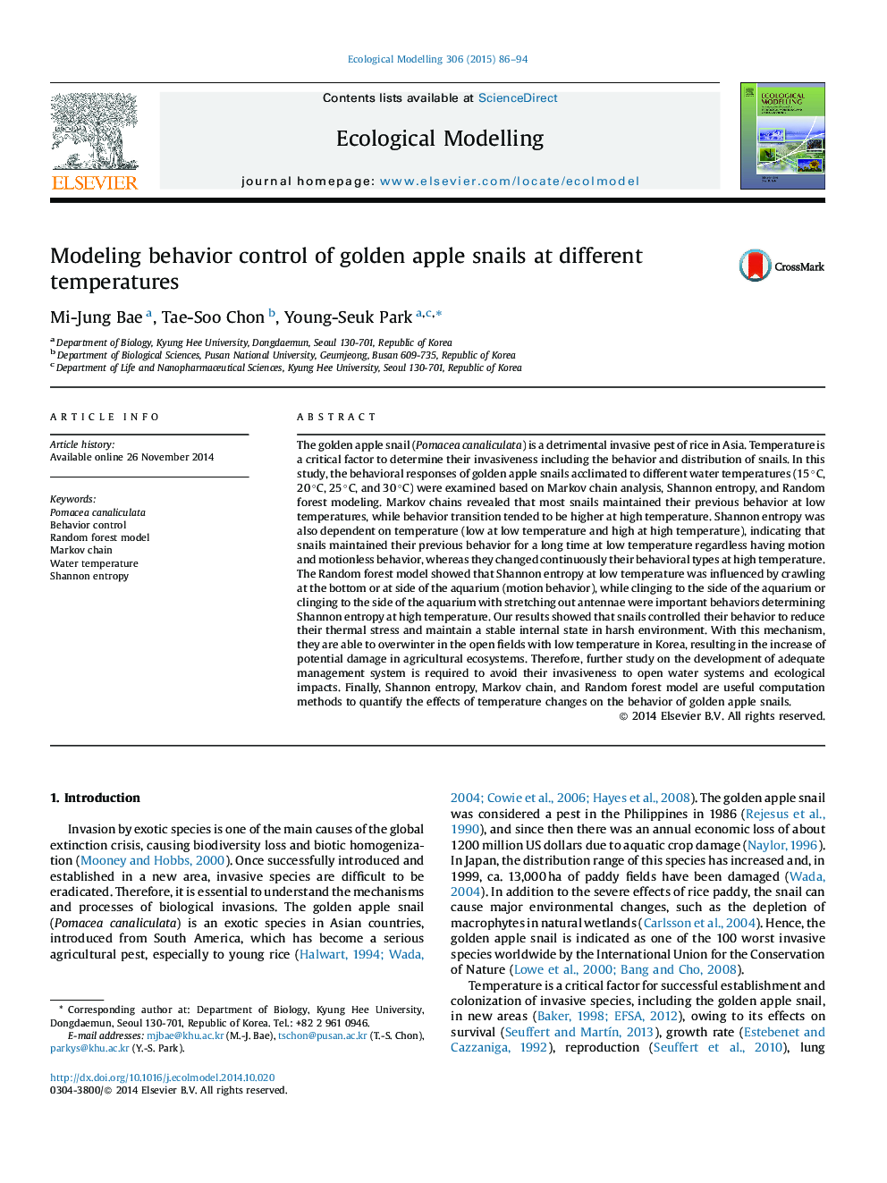 Modeling behavior control of golden apple snails at different temperatures