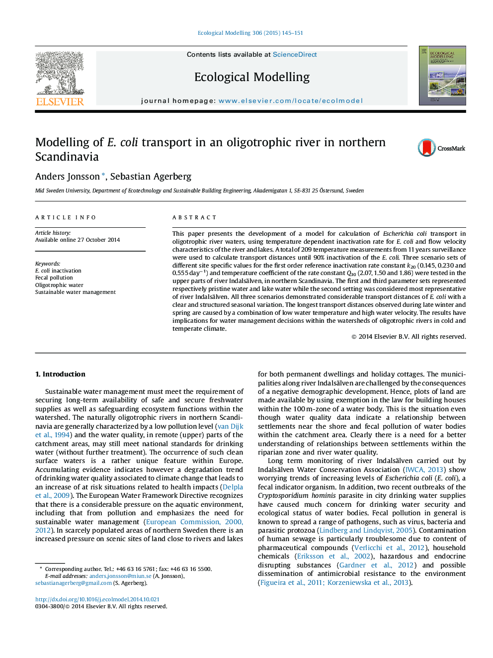 Modelling of E. coli transport in an oligotrophic river in northern Scandinavia