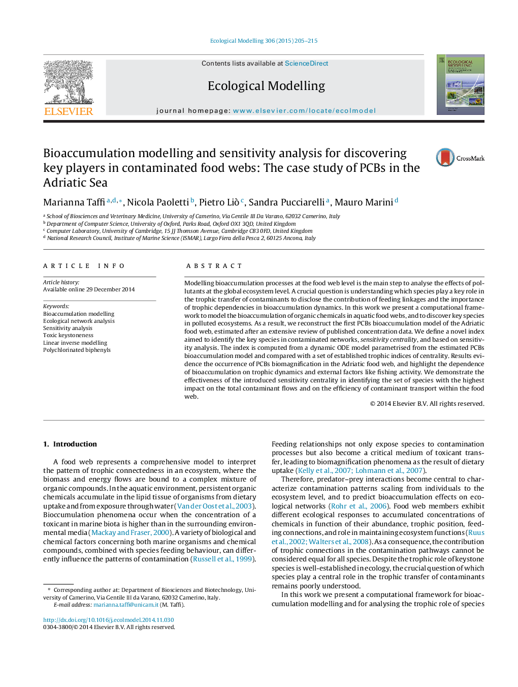 Bioaccumulation modelling and sensitivity analysis for discovering key players in contaminated food webs: The case study of PCBs in the Adriatic Sea