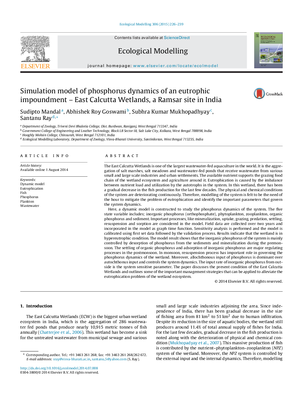 Simulation model of phosphorus dynamics of an eutrophic impoundment - East Calcutta Wetlands, a Ramsar site in India