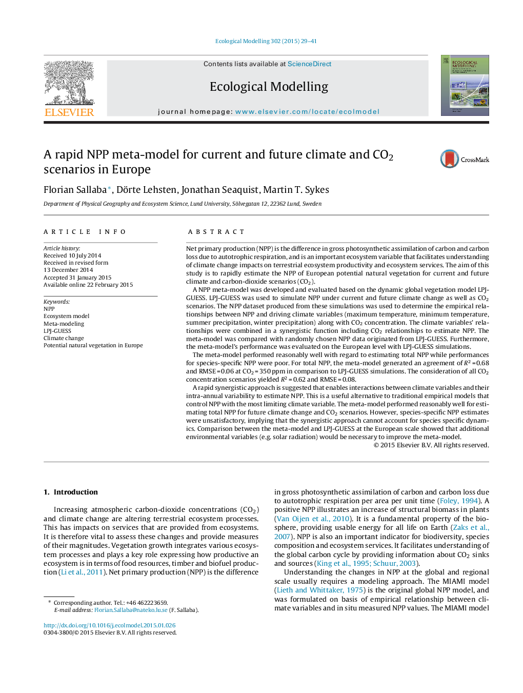 A rapid NPP meta-model for current and future climate and CO2 scenarios in Europe