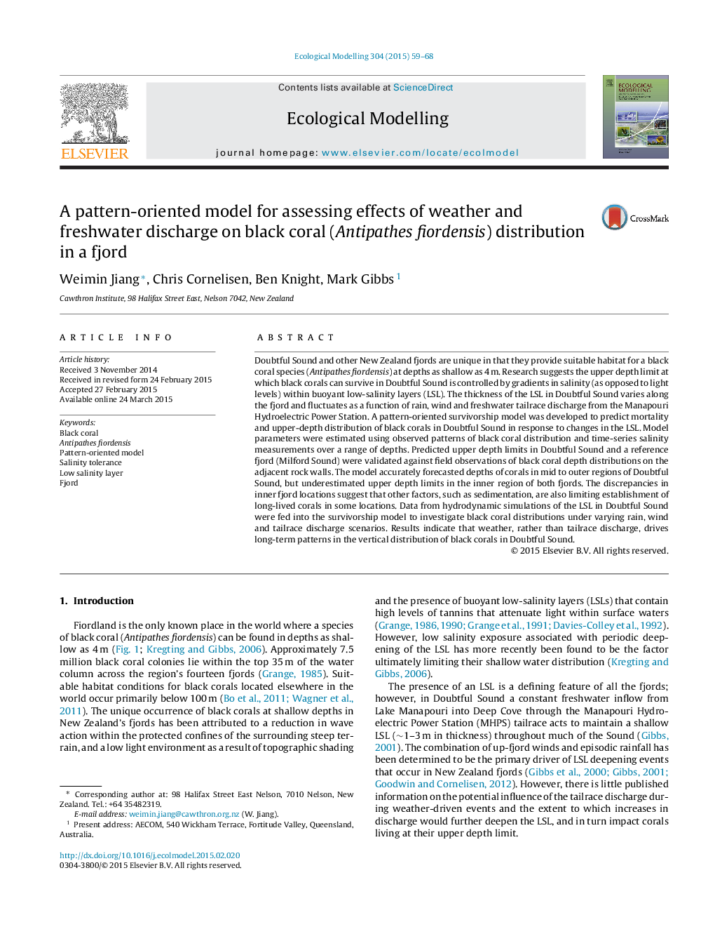 A pattern-oriented model for assessing effects of weather and freshwater discharge on black coral (Antipathes fiordensis) distribution in a fjord