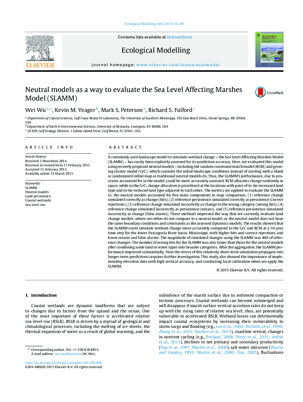 Neutral models as a way to evaluate the Sea Level Affecting Marshes Model (SLAMM)