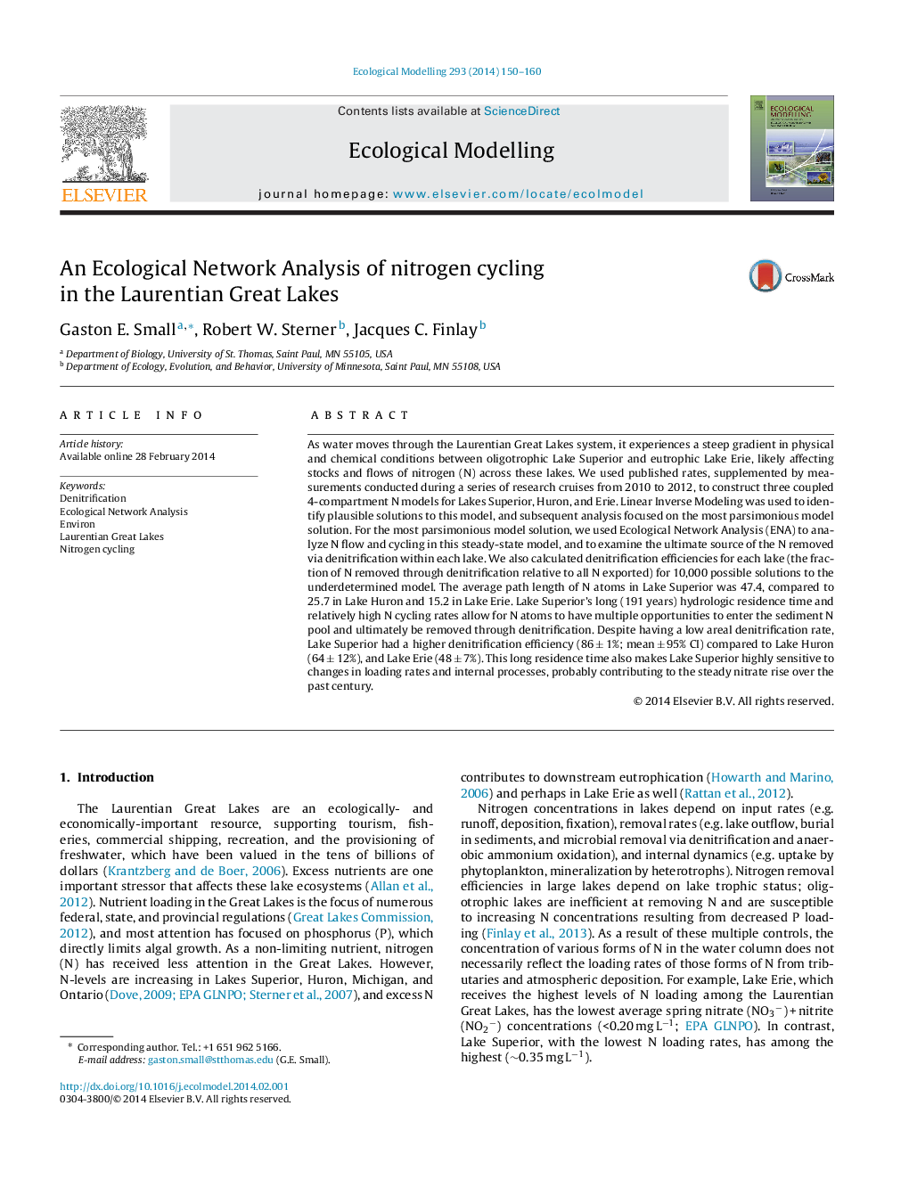 An Ecological Network Analysis of nitrogen cycling in the Laurentian Great Lakes