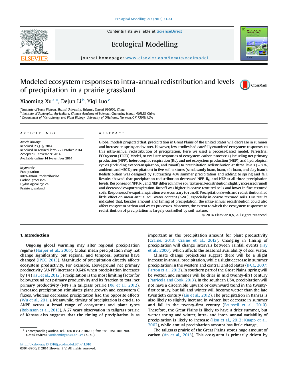 Modeled ecosystem responses to intra-annual redistribution and levels of precipitation in a prairie grassland