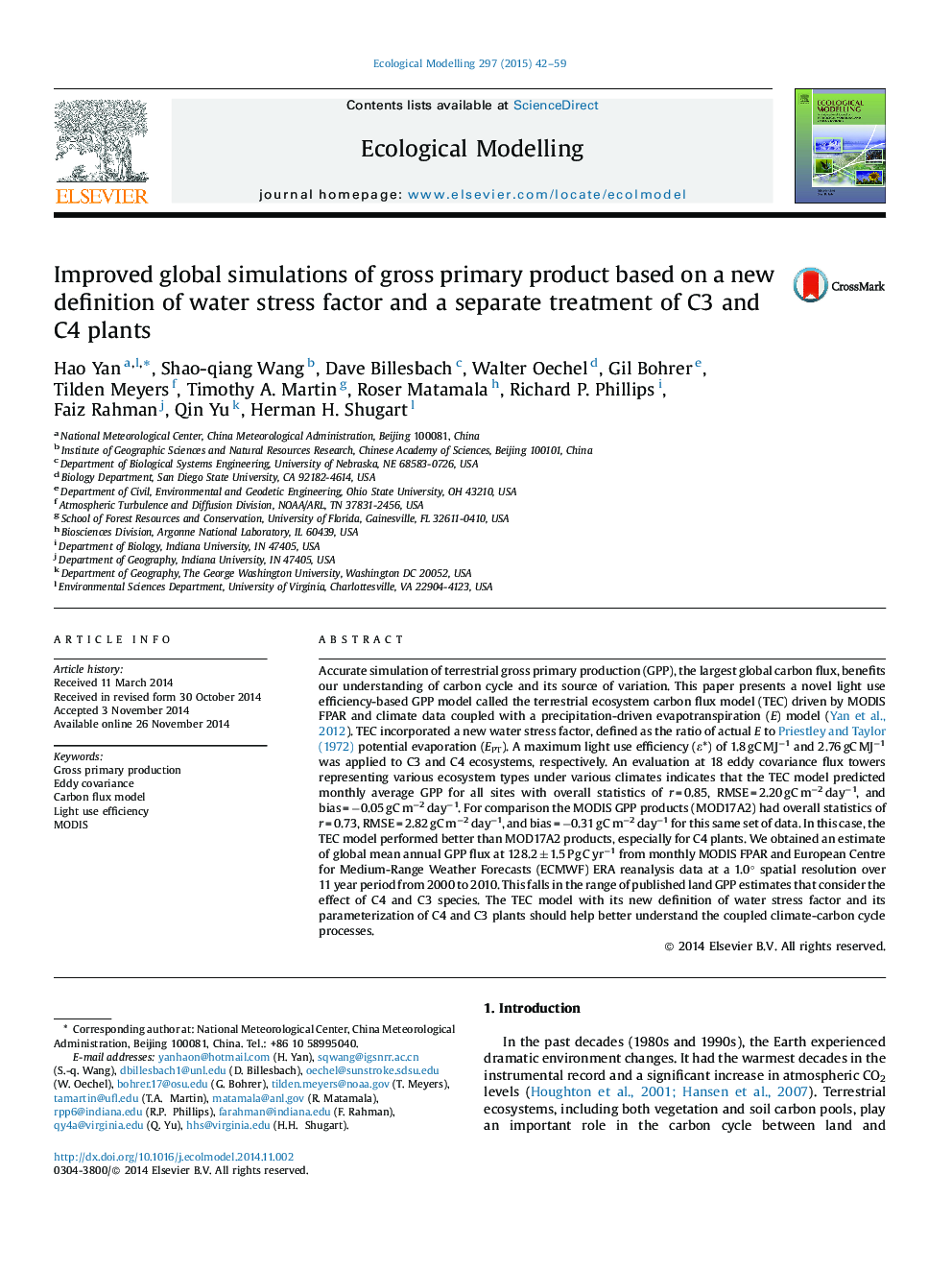 Improved global simulations of gross primary product based on a new definition of water stress factor and a separate treatment of C3 and C4 plants