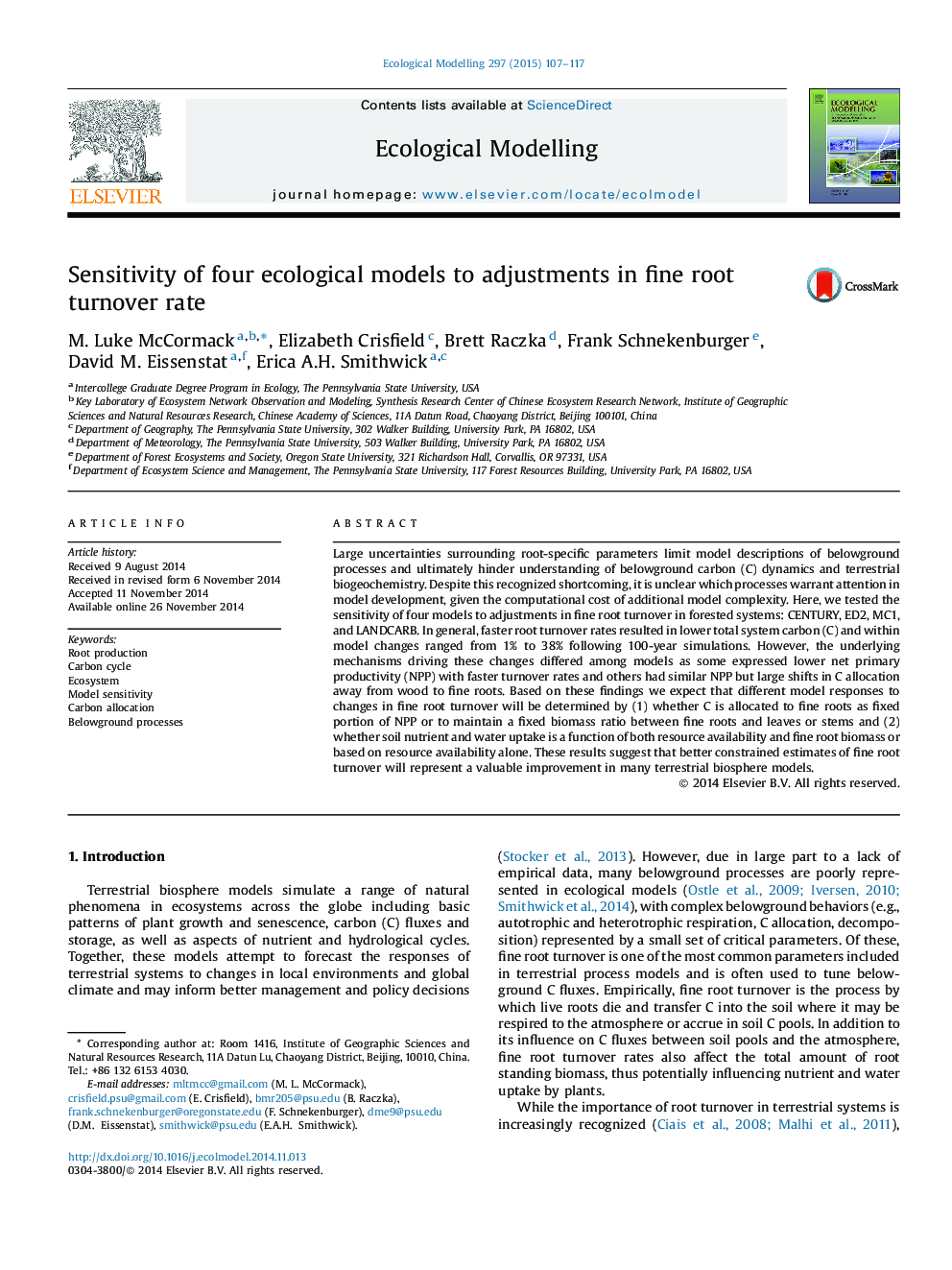 Sensitivity of four ecological models to adjustments in fine root turnover rate