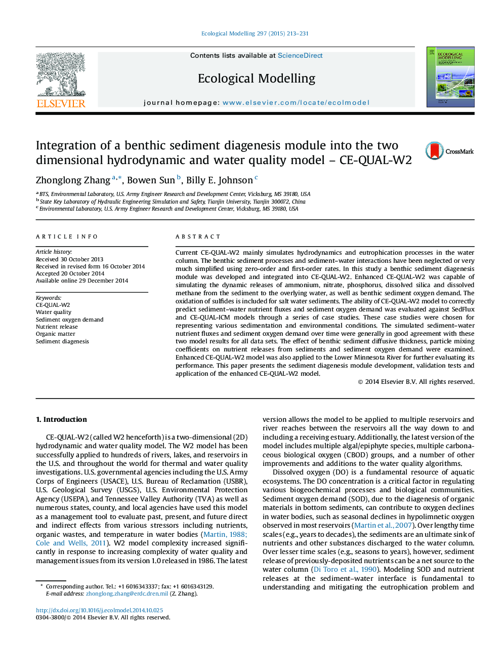 Integration of a benthic sediment diagenesis module into the two dimensional hydrodynamic and water quality model - CE-QUAL-W2