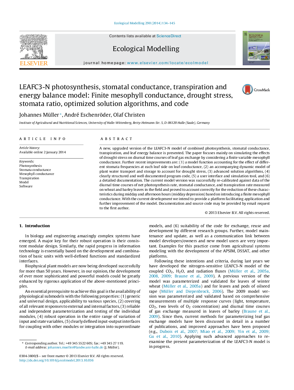 LEAFC3-N photosynthesis, stomatal conductance, transpiration and energy balance model: Finite mesophyll conductance, drought stress, stomata ratio, optimized solution algorithms, and code