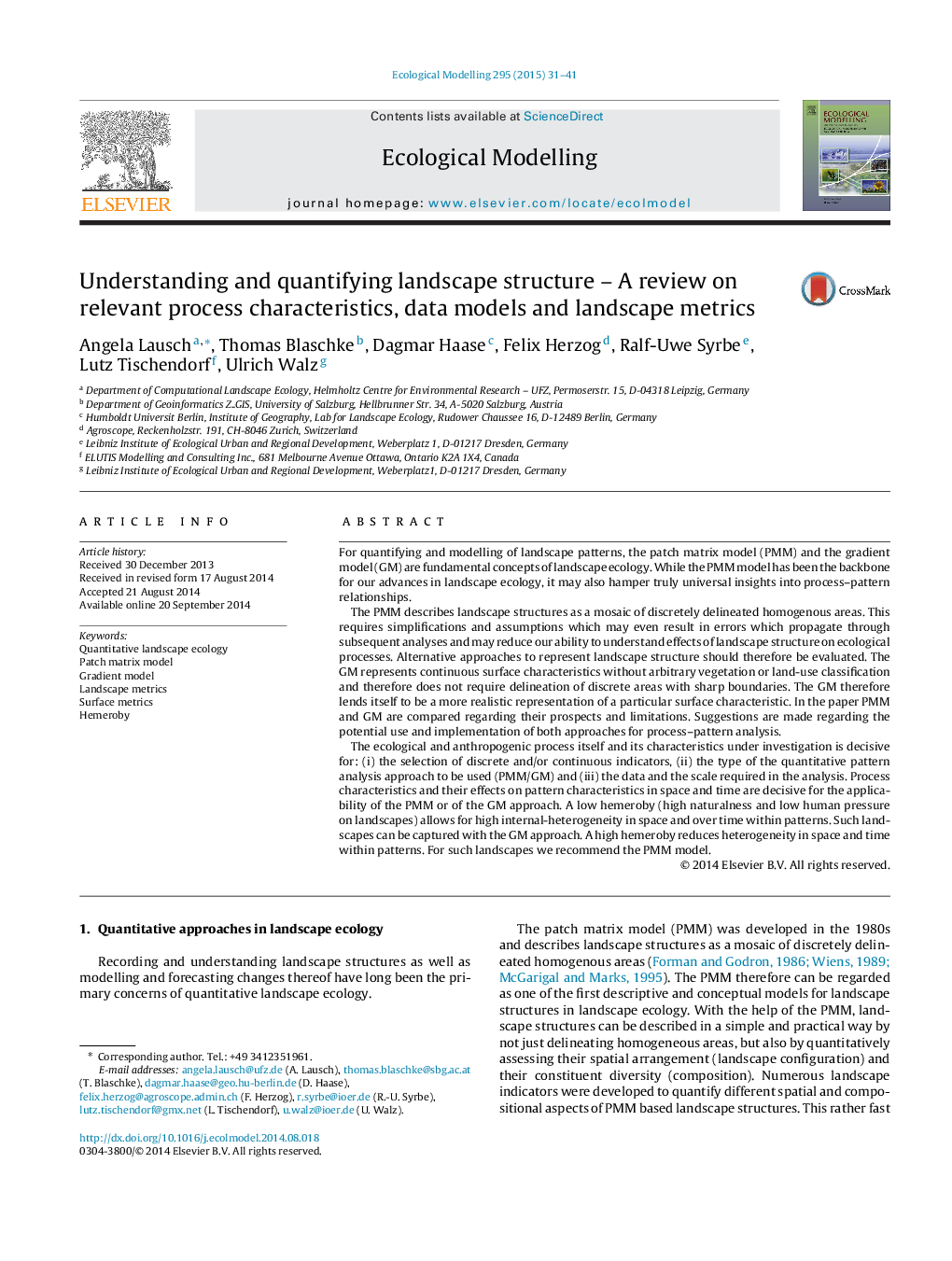 Understanding and quantifying landscape structure – A review on relevant process characteristics, data models and landscape metrics