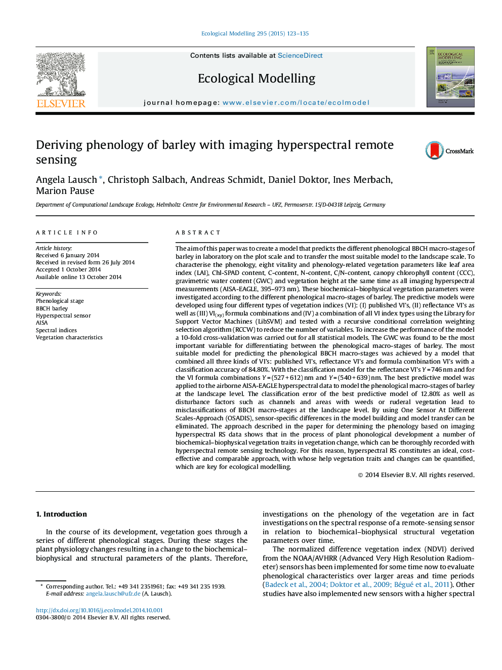 Deriving phenology of barley with imaging hyperspectral remote sensing