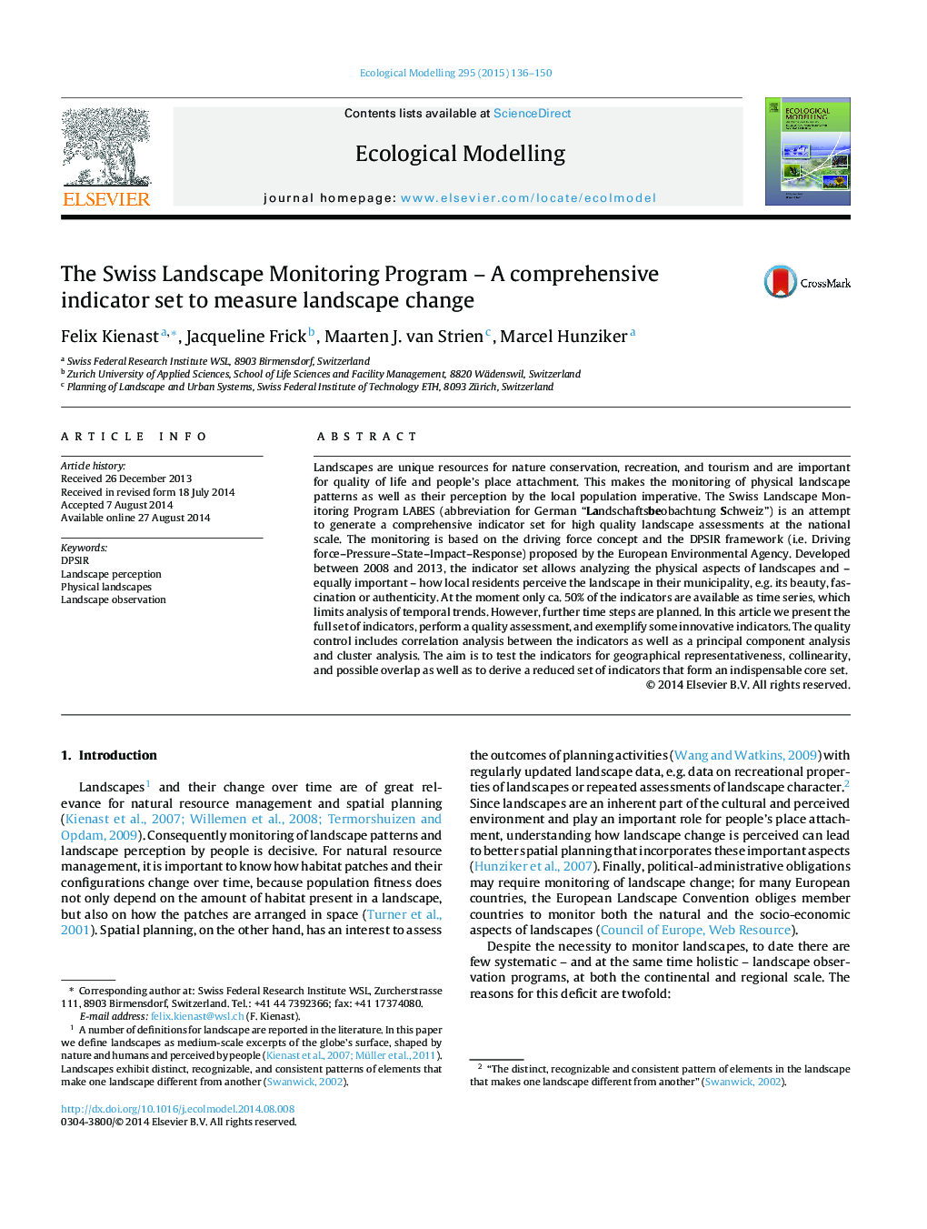 The Swiss Landscape Monitoring Program – A comprehensive indicator set to measure landscape change