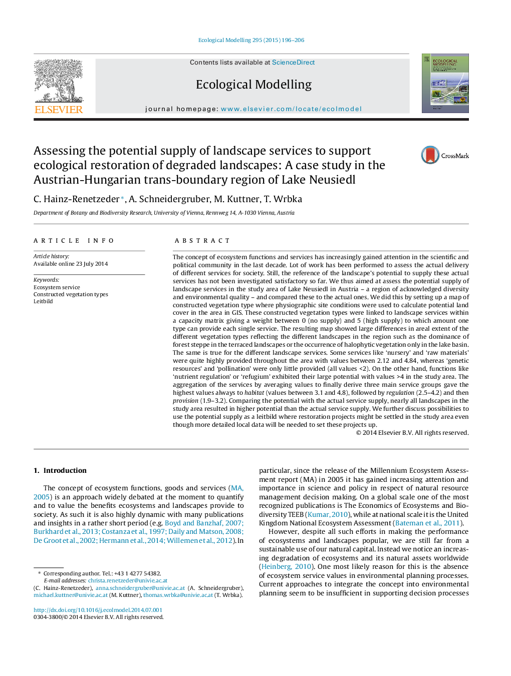 Assessing the potential supply of landscape services to support ecological restoration of degraded landscapes: A case study in the Austrian-Hungarian trans-boundary region of Lake Neusiedl