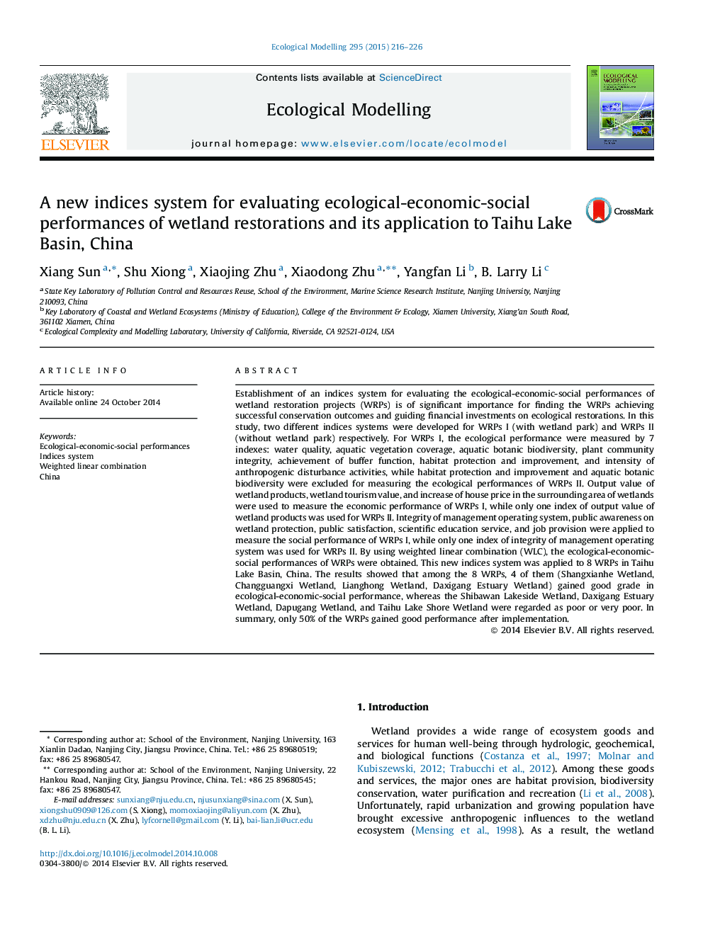 A new indices system for evaluating ecological-economic-social performances of wetland restorations and its application to Taihu Lake Basin, China